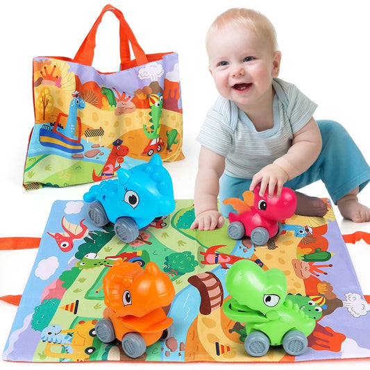 Baby Car Toys for 1 Year Old Boy, 4 PCS Dinosaur Car Toys with Playmat/Storage Bag, 1St Birthday Gift for Toddler Age 1-2, Push Go Friction Vehilce for Boy Christmas Gift for Infant 12-18 Months