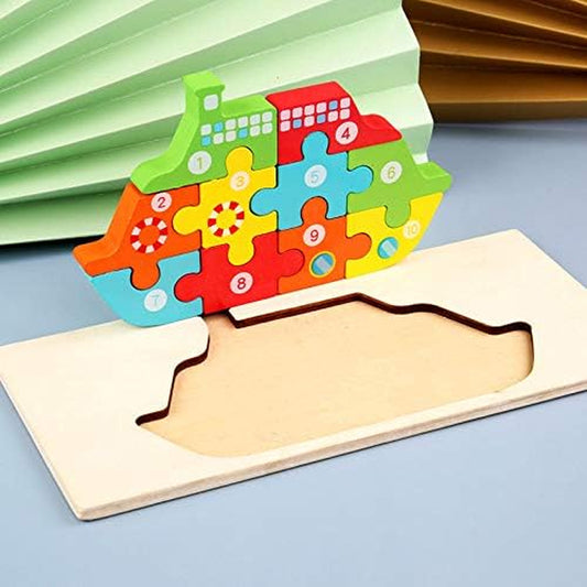 Wooden 'Steamship' 3D Jigsaw Puzzle for Kids, Animal Number Block Puzzles for Toddlers, Educational Learning Montessori Toys for Boys and Girls (Steamship)