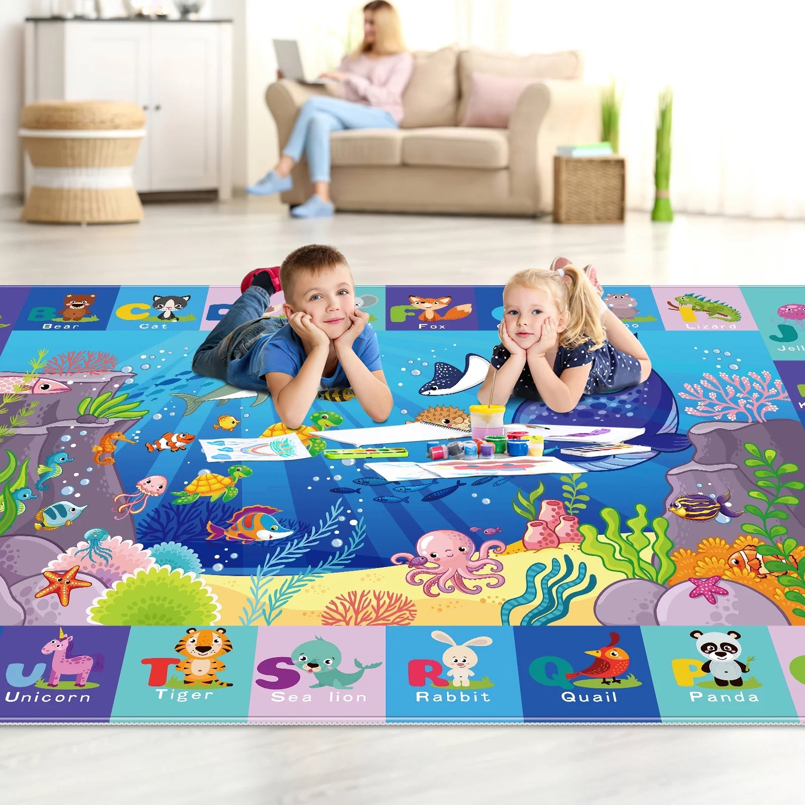 AKUNRUG Baby Play Mat for Floor, Kids Rug Playmat Baby Crawling Mat Educational Tummy Time Mat Soft ABC Play Mat for Toddlers Infants Kids Rug for Playroom Classroom（39.37X59.05 INCH）