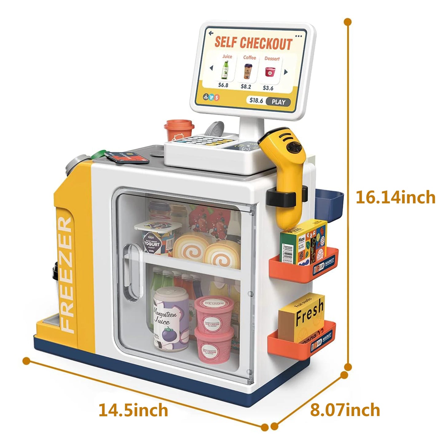 46PCS Cash Register for Kids, Kids Pretend Play Toys with Scanner, Shopping Cart, Calculator, Play Food, Toddler Toys for Boys Girls, Toys for Girls 3 6 Years, Kids Toys Cash Register-Yellow