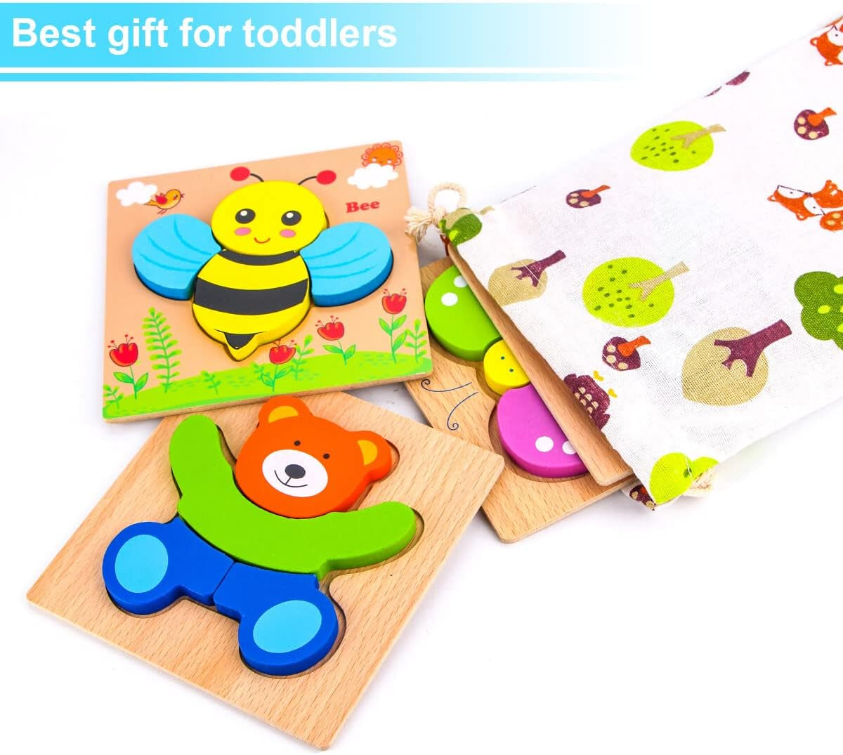 Wooden Animal Puzzles for Toddlers 1 2 3 Years Old, Boys & Girls Educational Toys Gift with 4 Animal Patterns, Bright Vibrant Color Shapes, Customize Gift Box Ready